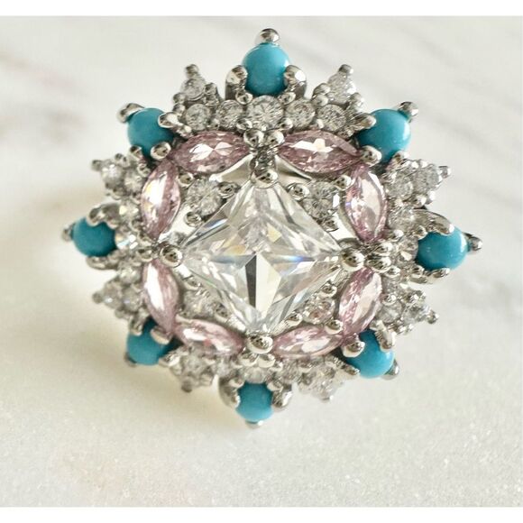 Light pink and turquoise blue cubic zirconia adjustable cocktail ring ￼ - Picture 1 of 8